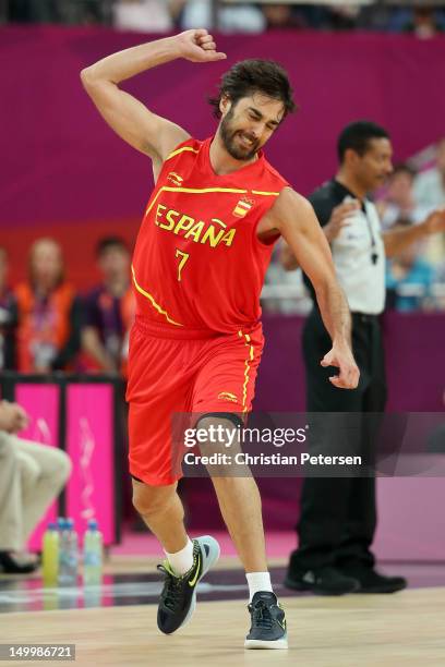 Juan-Carlos Navarro of Spain reacts after making a three-point basket in the first half against France during the Men's Basketball quaterfinal game...