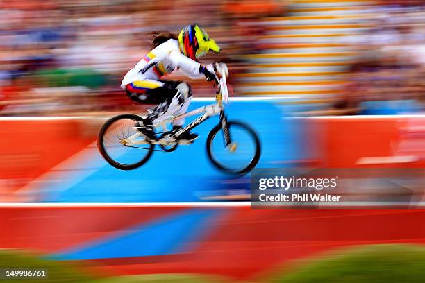 Mariana Pajon of Colombia competes during the Women's BMX Cycling on Day 12 of the London 2012 Olympic Games at BMX Track on August 8, 2012 in...