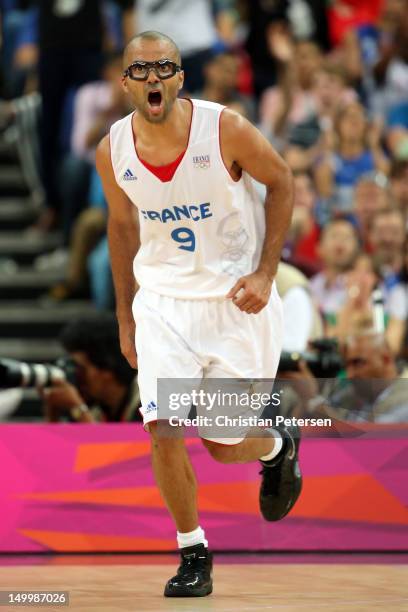 Tony Parker of France reacts in the second half while taking on Spain during the Men's Basketball quaterfinal game on Day 12 of the London 2012...