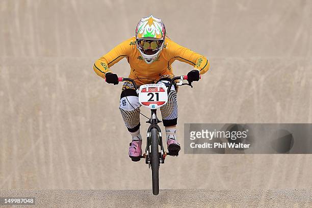 Lauren Reynolds of Australia competes during the Women's BMX Cycling on Day 12 of the London 2012 Olympic Games at BMX Track on August 8, 2012 in...