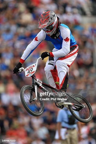 Tory Nyhaug of Canada competes in the Men's BMX Cycling on Day 12 of the London 2012 Olympic Games at BMX Track on August 8, 2012 in London, England.