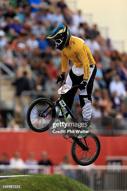 Khalen Young of Australia competes in the Men's BMX Cycling on Day 12 of the London 2012 Olympic Games at BMX Track on August 8, 2012 in London,...
