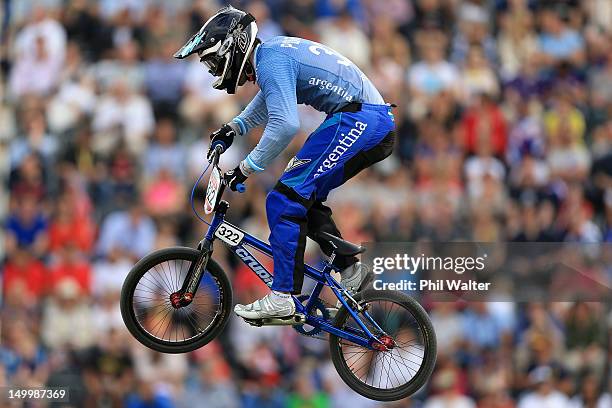 Ernesto Pizarro of Argentina competes in the Men's BMX Cycling on Day 12 of the London 2012 Olympic Games at BMX Track on August 8, 2012 in London,...
