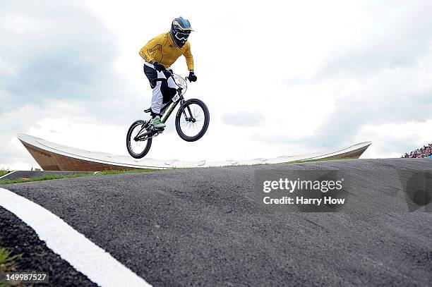 Khalen Young of Australia competes during the Men's BMX Cycling on Day 12 of the London 2012 Olympic Games at BMX Track on August 8, 2012 in London,...