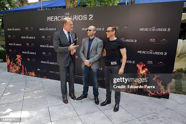 Dolph Lundgren, Jason Statham and Jean-Claude Van Damme attend 'The Expendables 2' photocall at Ritz hotel on August 8, 2012 in Madrid, Spain.