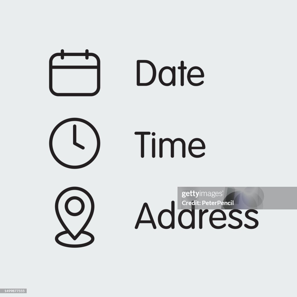 Date, Time, Address Location Icon Set. Flat Vector. Isolated on Background