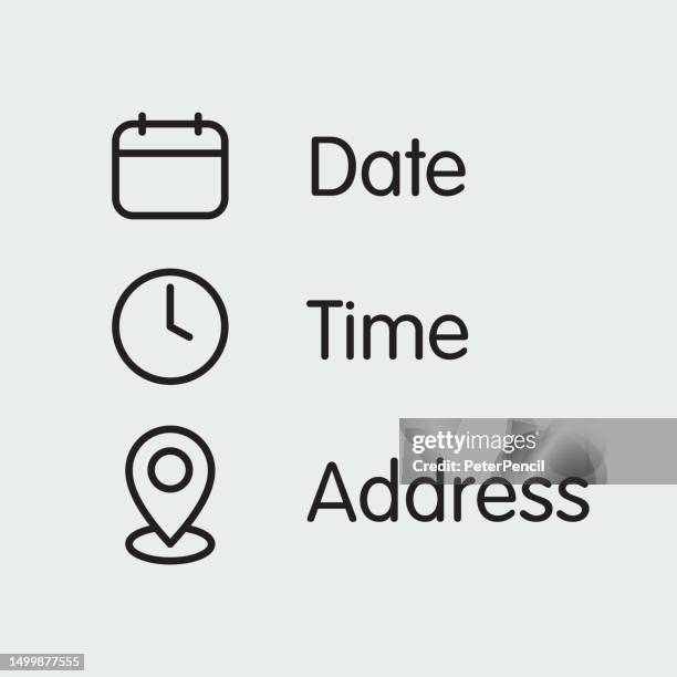 date, time, address location icon set. flat vector. isolated on background - pointer stock illustrations