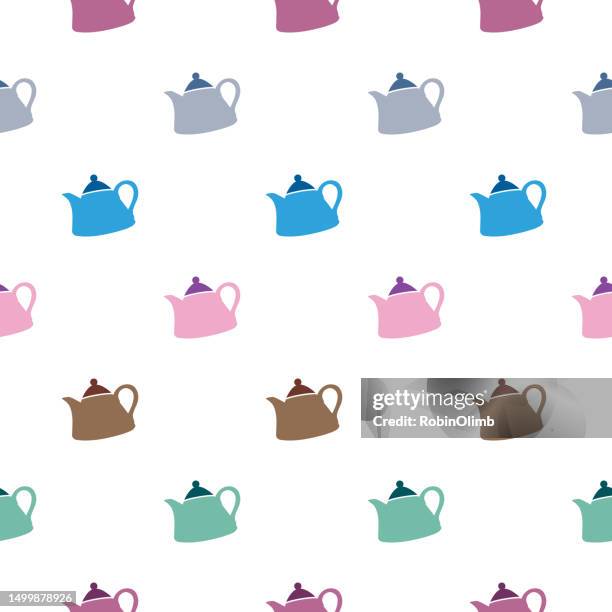 colorful teapots seamless pattern - tea kettle stock illustrations
