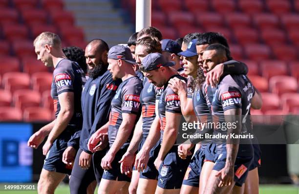 The Blues players embrace during a New South Wales Blues State of Origin training session at Suncorp Stadium on June 20, 2023 in Brisbane, Australia.