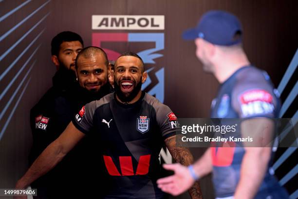 James Tedesco shares a laugh with Josh Addo-Carr during a New South Wales Blues State of Origin training session at Suncorp Stadium on June 20, 2023...