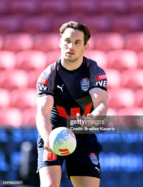 Cameron Murray passes the ball during a New South Wales Blues State of Origin training session at Suncorp Stadium on June 20, 2023 in Brisbane,...