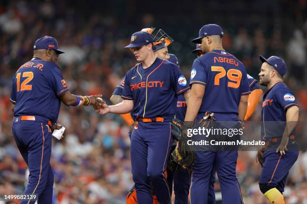 Hunter Brown of the Houston Astros exits the game during the sixth inning against the New York Mets at Minute Maid Park on June 19, 2023 in Houston,...