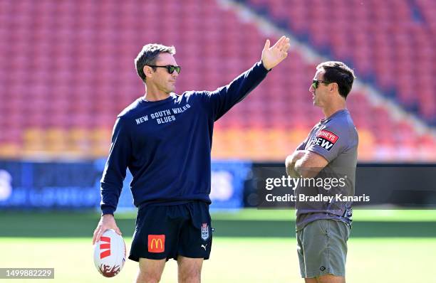 Coach Brad Fittler talk tactics with Assistant Coach Andrew Johns during a New South Wales Blues State of Origin training session at Suncorp Stadium...