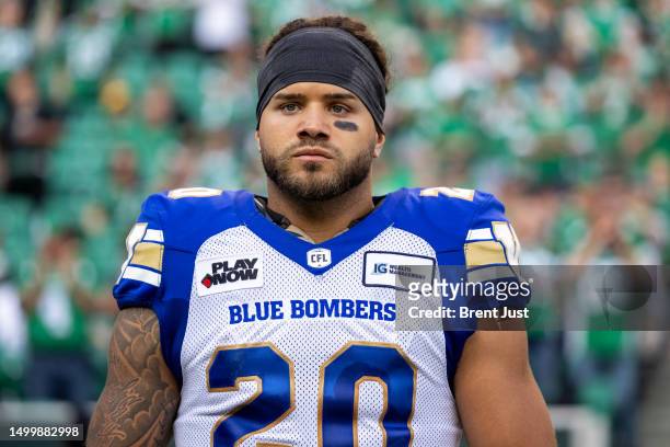 Brady Oliveira of the Winnipeg Blue Bombers on the field before the game between the Winnipeg Blue Bombers and Saskatchewan Roughriders at Mosaic...