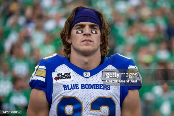 Dalton Schoen of the Winnipeg Blue Bombers on the field before the game between the Winnipeg Blue Bombers and Saskatchewan Roughriders at Mosaic...