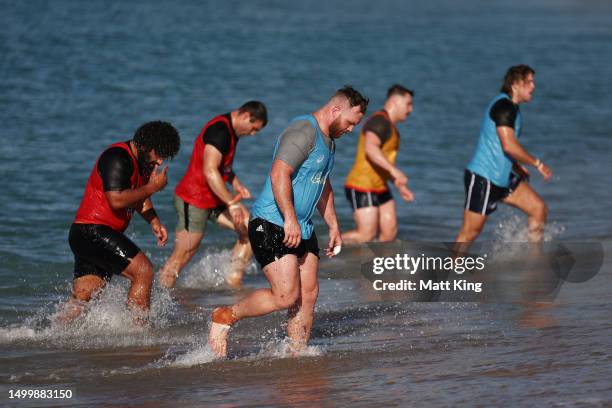 Rhys van Nek walks out of the water during an Australian Wallabies training session at Coogee Beach on June 20, 2023 in Sydney, Australia.