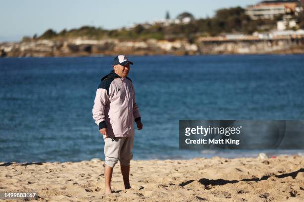 Wallabies head coach Eddie Jones looks on during an Australian Wallabies training session at Coogee Beach on June 20, 2023 in Sydney, Australia.
