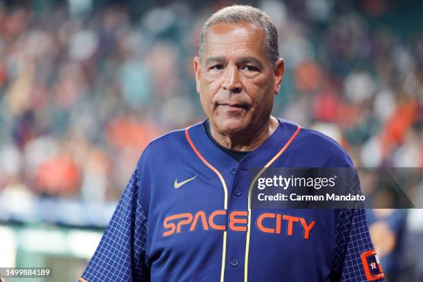 Kelvin Sampson throws out the first pitch prior to a game between the Houston Astros and the New York Mets at Minute Maid Park on June 19, 2023 in...
