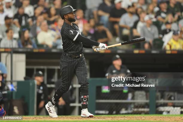 Luis Robert Jr. #88 of the Chicago White Sox hits a solo home run off Andrew Heaney of the Texas Rangers during the sixth inning at Guaranteed Rate...