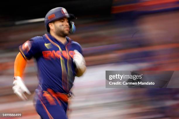 Jose Altuve of the Houston Astros grounds out during the eighth inning against the New York Mets at Minute Maid Park on June 19, 2023 in Houston,...