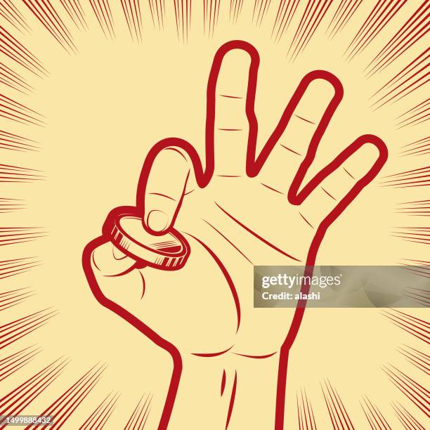 eine menschliche hand hält ein münzgeld, im hintergrund radiale manga-geschwindigkeitslinien - münzwurf stock-grafiken, -clipart, -cartoons und -symbole