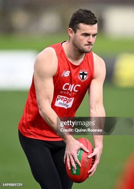 Brad Crouch of the Saints kicks during a St Kilda Saints AFL Training Session at RSEA Park on June 20, 2023 in Melbourne, Australia.