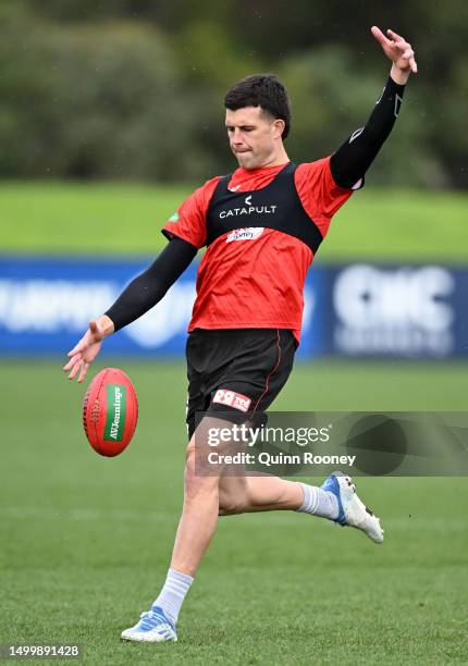 Rowan Marshall of the Saints kicks during a St Kilda Saints AFL Training Session at RSEA Park on June 20, 2023 in Melbourne, Australia.