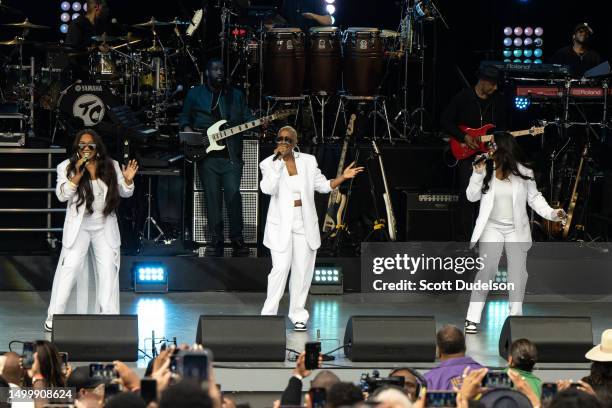 Musicians Leanne "Lelee" Lyons, Cheryl "Coko" Gamble and Tamara "Taj" Johnson-George of SWV perform onstage at Juneteenth: A Global Celebration For...
