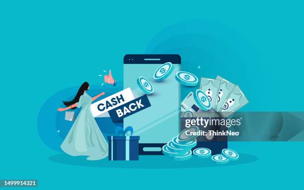 frau, die online bezahlt und bonusgeld erhält. cashback, treueprogramm. - prämienkarte stock-grafiken, -clipart, -cartoons und -symbole