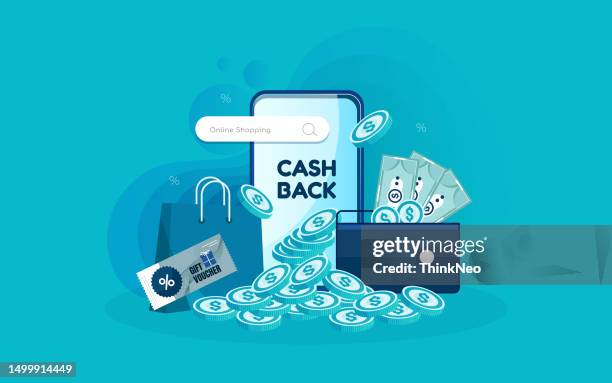 mobile cash back service. online payment transaction, money saving - emblem credit card payment stock illustrations