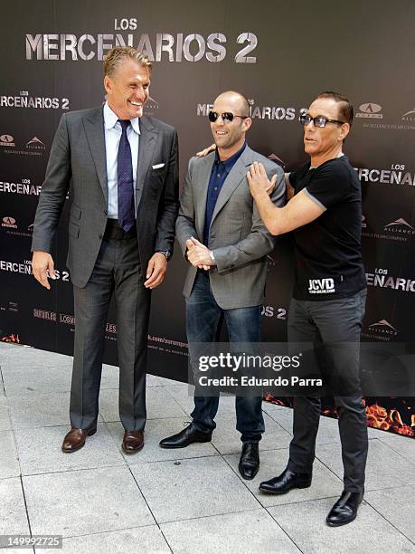 Dolph Lundgren, Jason Statham and Jean-Claude Van Damme attend 'The Expendables 2' photocall at Ritz hotel on August 8, 2012 in Madrid, Spain.