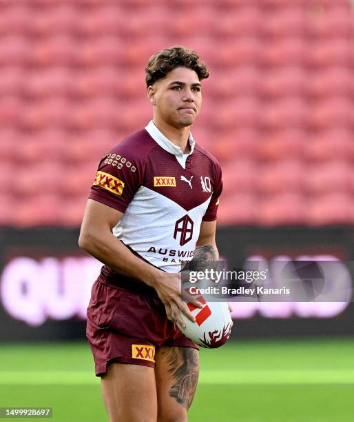 Reece Walsh is seen during a Queensland Maroons State of Origin Captain's Run at Suncorp Stadium on June 20, 2023 in Brisbane, Australia.