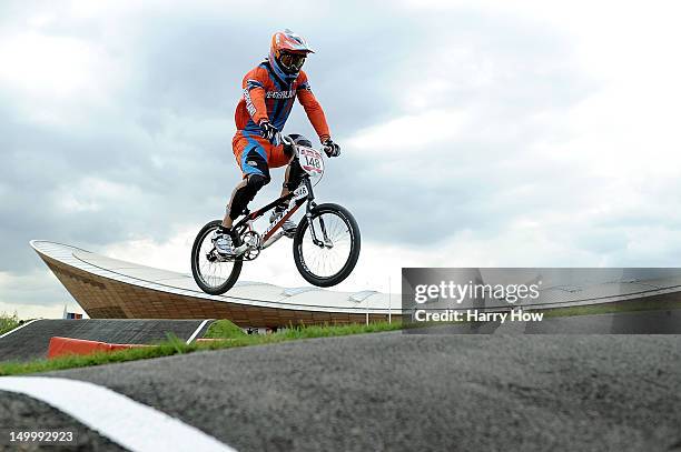 Twan Van Gendt of Netherlands competes during the Women's BMX Cycling on Day 12 of the London 2012 Olympic Games at BMX Track on August 8, 2012 in...