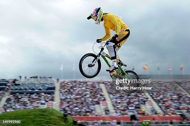 Lauren Reynolds of Australia competes during the Men's BMX Cycling on Day 12 of the London 2012 Olympic Games at BMX Track on August 8, 2012 in...