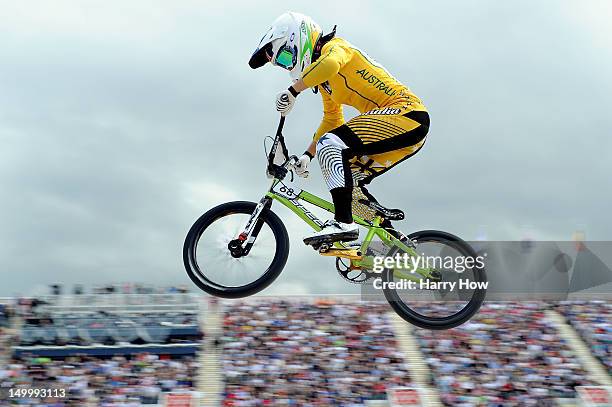 Caroline Buchanan of Australia competes during the Women's BMX Cycling on Day 12 of the London 2012 Olympic Games at BMX Track on August 8, 2012 in...