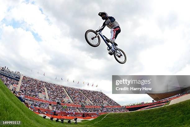 Mariana Pajon of Colombia competes during the Women's BMX Cycling on Day 12 of the London 2012 Olympic Games at BMX Track on August 8, 2012 in...