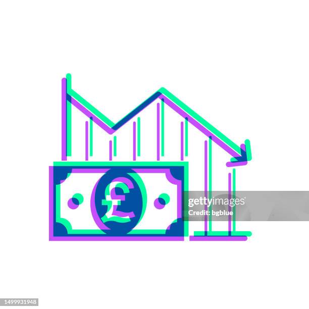 declining graph with pound banknote. icon with two color overlay on white background - pound note white background stock illustrations