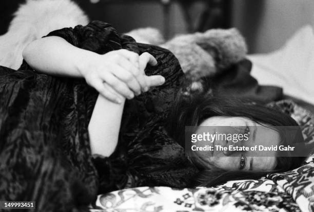 Blues singer Janis Joplin poses for a portrait on March 14, 1969 at the Hotel Chelsea in New York City, New York.