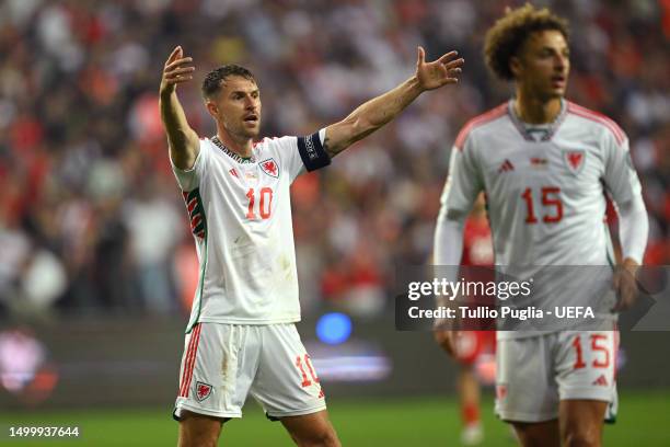 Aaron Ramsey of Wales gestures during the UEFA EURO 2024 qualifying round group D match between Turkey and Wales at Samsun Yeni 19 Mayis Stadium on...