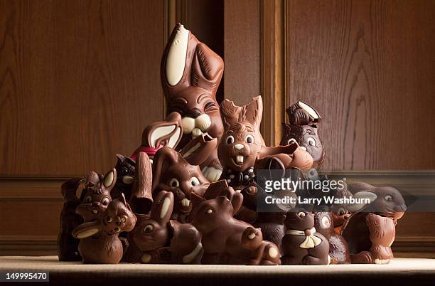 heap of different chocolate easter bunnies - easter bunny stock pictures, royalty-free photos & images