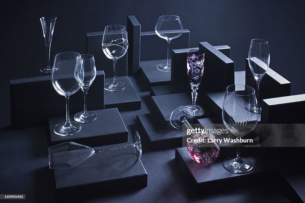 Various wineglasses arranged in a display