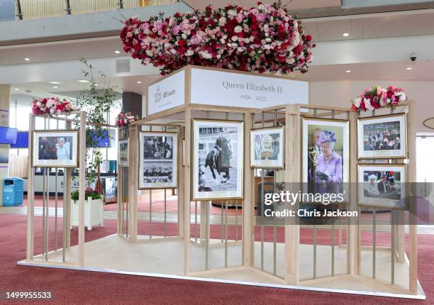 General view of the photographic exhibition curated by royal photographer Chris Jackson for Royal Ascot supported by Howden, to mark the late Queen's...