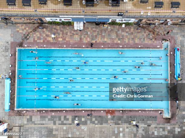 An aerial view of swimmers at Hampton Pool on June 12, 2023 in London, England.