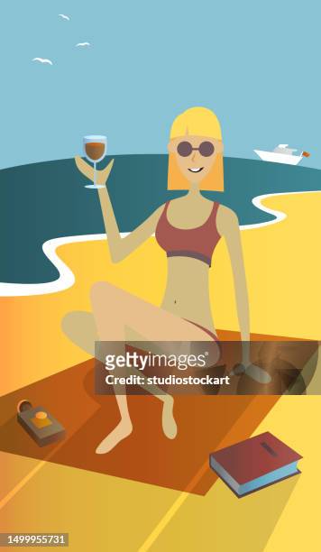 ilustraciones, imágenes clip art, dibujos animados e iconos de stock de mujer relajarse en la playa de arena de mar - mujeres jóvenes
