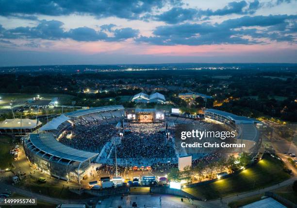 An aerial view of the Arctic Monkeys playing at the Ageas Bowl, on June 15,2023 in Southampton, England.