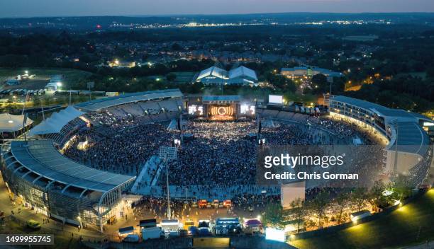 An aerial view of the Arctic Monkeys playing at the Ageas Bowl, on June 15,2023 in Southampton, England.