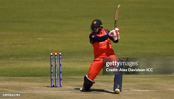 Saqib Zulfiqar of the Netherlands plays a shot during the ICC Men's Cricket World Cup Qualifier Zimbabwe 2023 match between Zimbabwe and the...