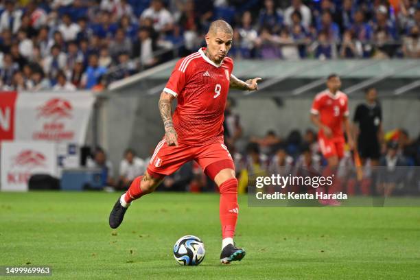 Paolo Guerrero of Peru in action during the international friendly match between Japan and Peru at Panasonic Stadium Suita on June 20, 2023 in Suita,...