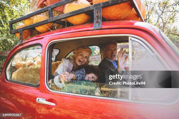 getting away for autumn vacation! - grandma driving car stock pictures, royalty-free photos & images