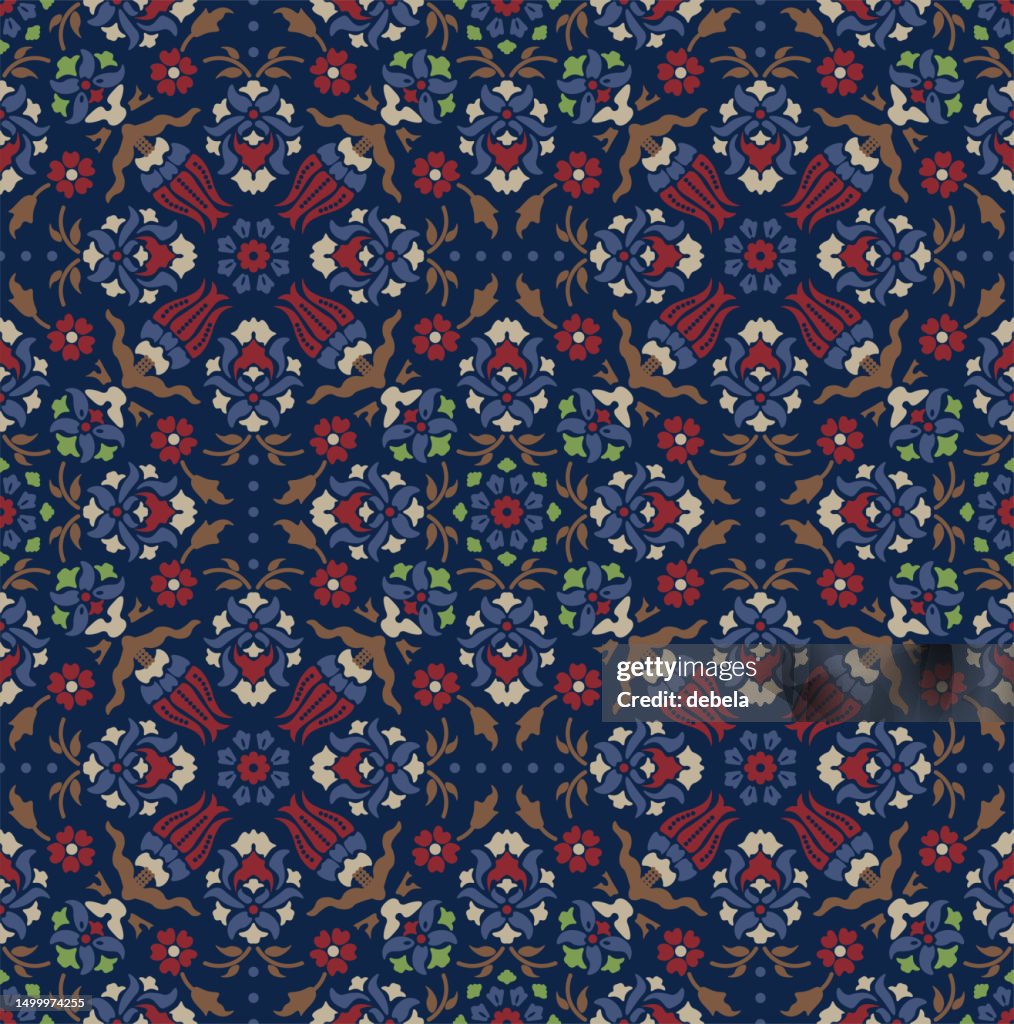 Ethnic floral pattern with blue background. Ornate damask fabric swatch.